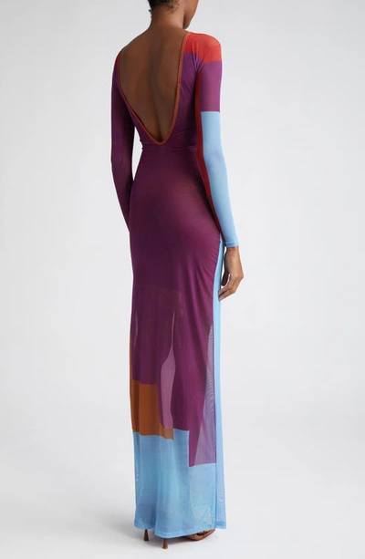 Shop House Of Aama X Gianni Lee Original Night Sky Print Long Sleeve Mesh Dress In Blue Maroon