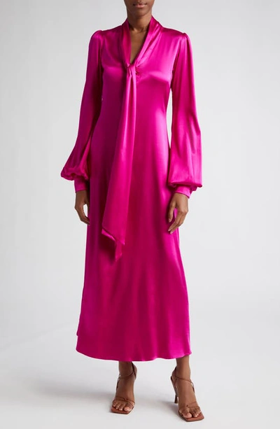 Shop House Of Aama Becca Pussybow Long Sleeve Silk Charmeuse Dress In Raspberry