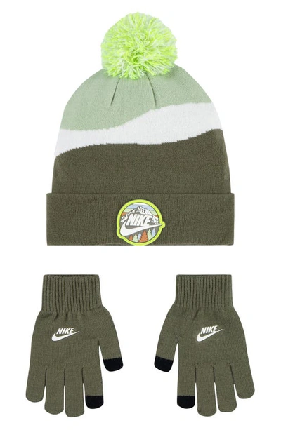 Shop Nike Kids' Snow Day Peak Beanie & Gloves Set In Medium Olive