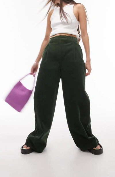 Shop Topshop High Waist Cotton Wide Leg Trousers In Dark Green