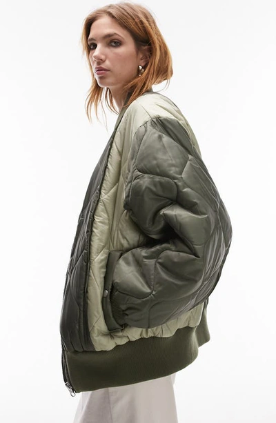 Shop Topshop Colorblock Quilted Bomber Jacket In Khaki