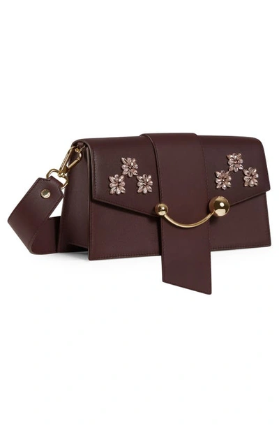 Shop Strathberry Mini Crescent Floral Embellished Leather Shoulder Bag In Burgundy