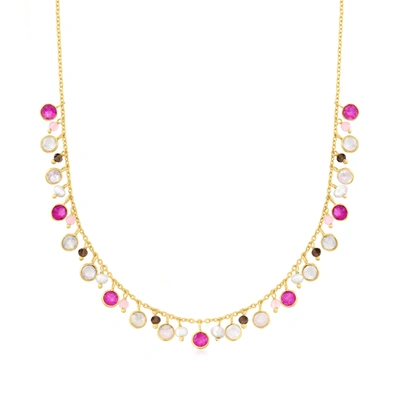 Shop Ross-simons Moonstone, 5mm Cultured Pearl And Multi-quartz Multi-drop Necklace In 18kt Gold Over Sterling In Pink