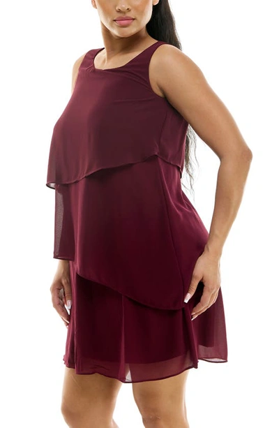 Nina Leonard Sleeveless Tiered Chiffon Shift Dress In Deep Wine