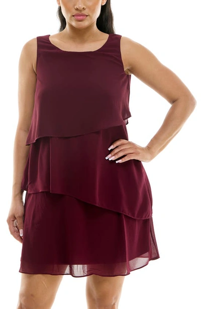 Nina Leonard Sleeveless Tiered Chiffon Shift Dress In Deep Wine