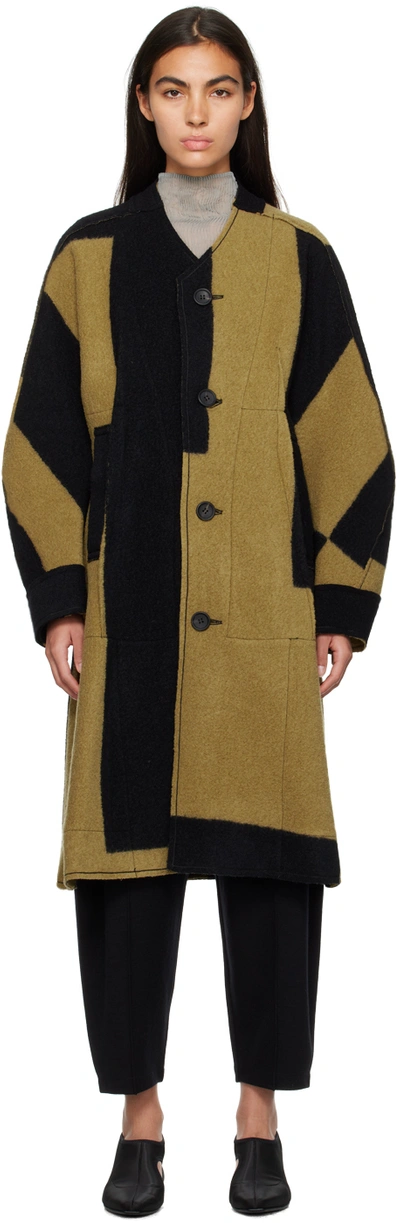 Shop Issey Miyake Black & Beige Paneled Coat In 09-ocher X Black