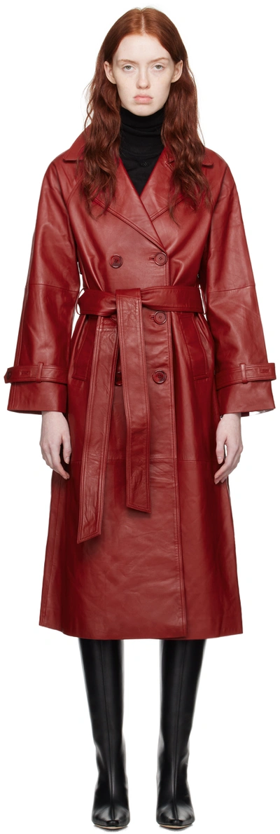 Shop Reformation Red Veda Edition Leather Trench Coat In Sunset Strip