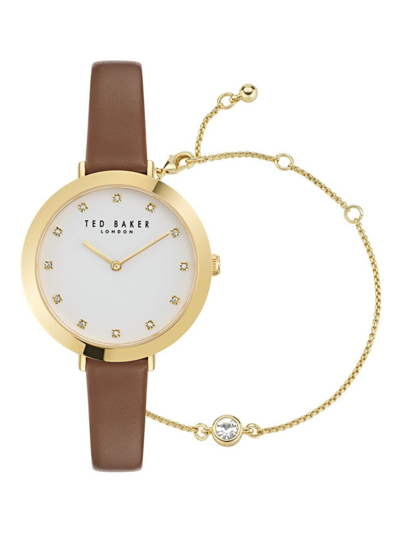 Shop Ted Baker Women's Ammy Iconic Goldtone Stainless Steel, Crystal & Leather Watch & Bracelet Gift Set In Brown