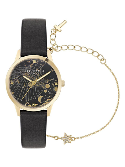 Shop Ted Baker Women's Fitzrovia Fashion Yellow Gold-plated Stainless Steel & Leather Strap Watch/34mm In Black