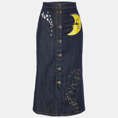 Pre-owned Boutique Moschino Navy Blue Denim Star & Moon Detail Midi Skirt L