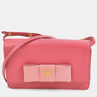 Pre-owned Prada Pink Leather Saffiano Lux Bow Wallet On Chain