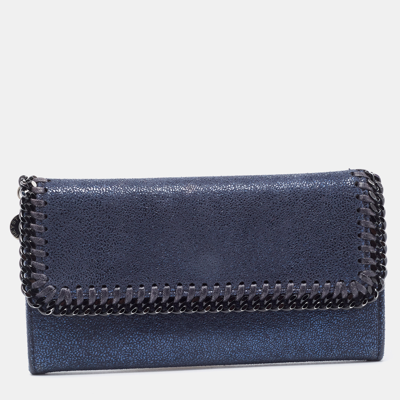 Pre-owned Stella Mccartney Navy Blue Shimmer Faux Suede Falabella Flap Wallet