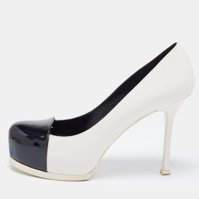 Pre-owned Saint Laurent Black/white Leather And Patent Tribtoo Pumps Size 37