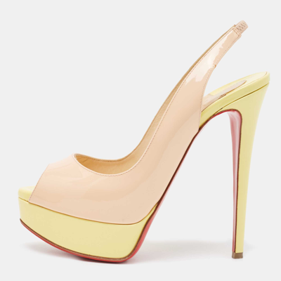 Pre-owned Christian Louboutin Beige/yellow Patent Leather Lady Peep Slingback Pumps Size 36.5