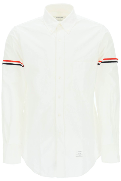 Shop Thom Browne Poplin Button Down Shirt With Rwb Armbands In White