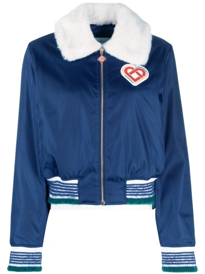 Shop Casablanca Faux Fur-collar Jacket In Blue