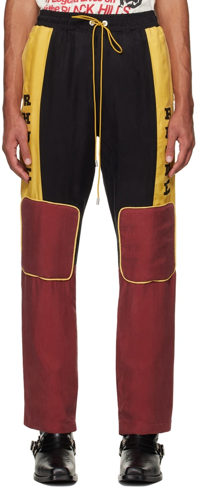 Shop Rhude Yellow & Burgundy Paneled Trousers In Black/mustard/maroon