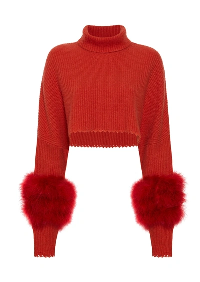 Shop Lapointe Airy Cashmere Cropped Turtleneck With Marabou Feathers In L