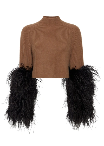 Lapointe Cashmere Silk Cropped Raglan Sweater With Feather Sleeve