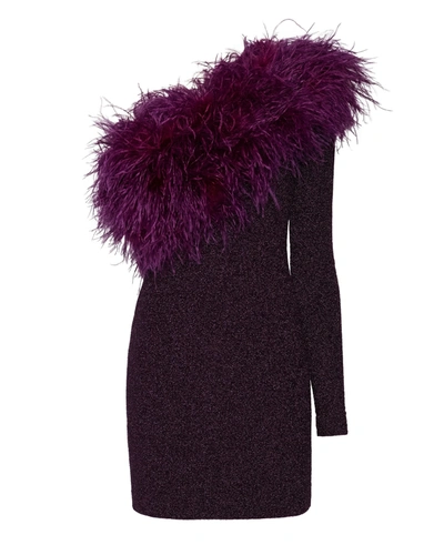 Lapointe Metallic Jersey One Shoulder Dress With Feathers In 14