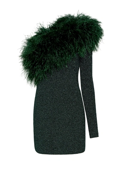 Lapointe Metallic Jersey One Shoulder Dress With Feathers In 10