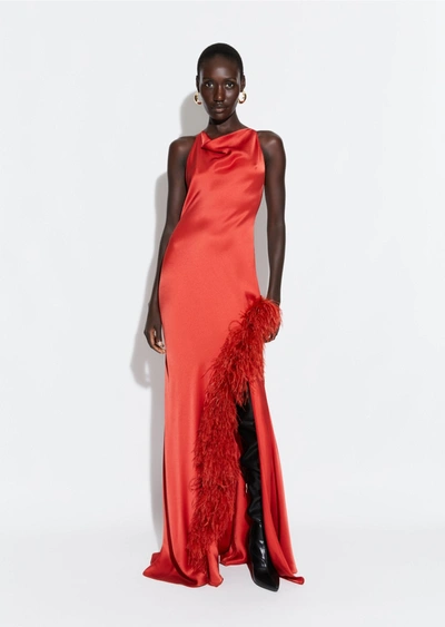 Shop Lapointe Satin Halter Gown With Feathers In 12