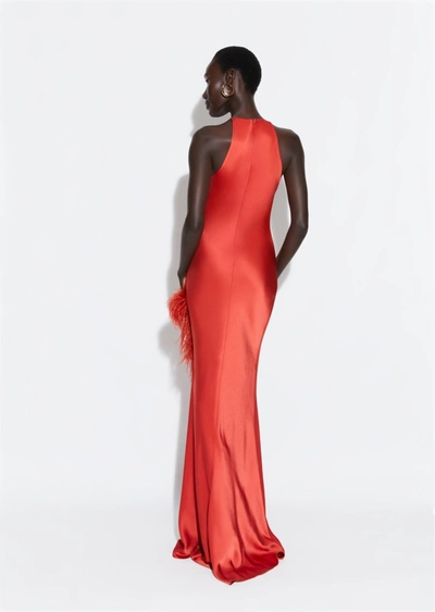Shop Lapointe Satin Halter Gown With Feathers In 12