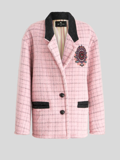 Shop Etro Embroidered Check Motif Jacket In Pink & Purple