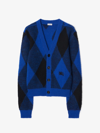 Shop Burberry Argyle Wool Cardigan In Blue