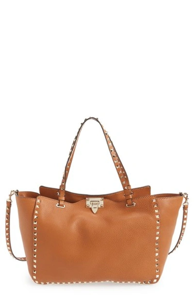 Shop Valentino 'rockstud' Grained Calfskin Leather Tote In Cognac