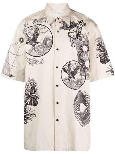 Shop Dries Van Noten Loose-fit Cotton Shirt With Short Sleeves, With Printed Etched Motifs. In Nude & Neutrals