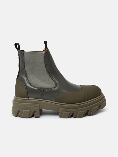 Shop Ganni Green Leather Ankle Boots