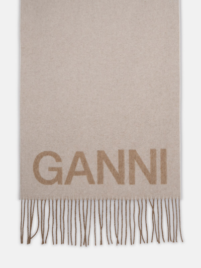 Shop Ganni Beige Recycled Wool Scarf In Cream
