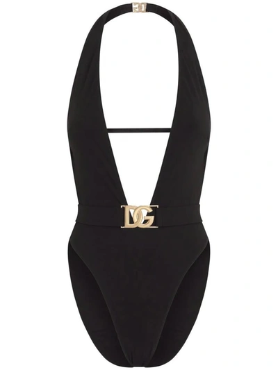 Shop Dolce & Gabbana One-piece Swimsuit With Belt In Black