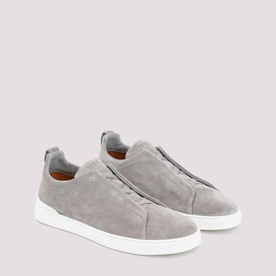 Shop Zegna Suede Triple Stitch Low Top Sneakers Shoes In Grey