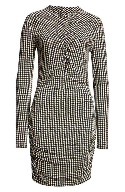 Shop Veronica Beard Mizani Houndstooth Ruched Long Sleeve Dress In Off White Black
