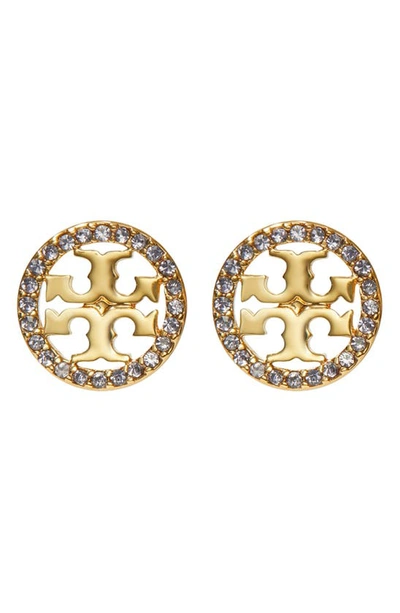 Shop Tory Burch Crystal Logo Circle Stud Earrings In Tory Gold / Purple