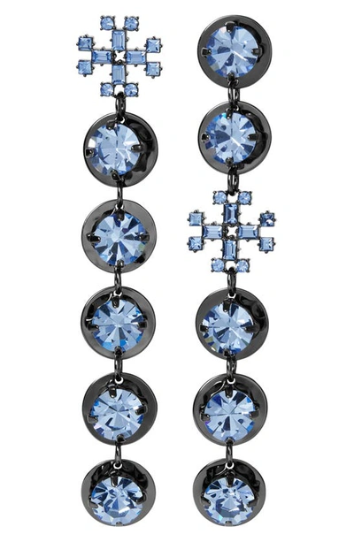Shop Tory Burch Crystal Linear Drop Earrings In Hematite / Light Sapphire