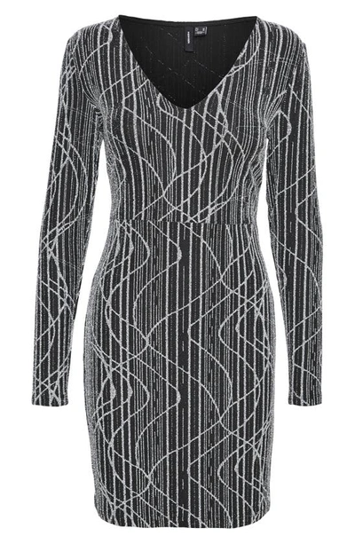 Shop Vero Moda Curve Metallic Long Sleeve Body-con Cocktail Dress In Black Silver Lurex