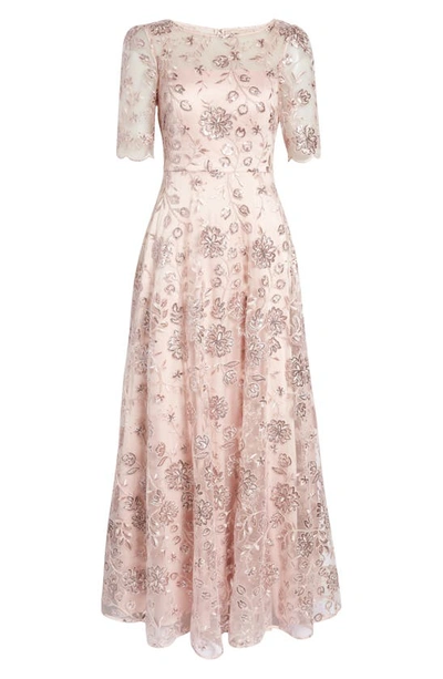 Shop Eliza J Sequin Floral Illusion Lace Fit & Flare Gown In Blush