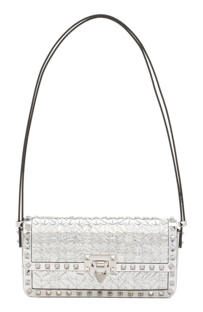 Shop Valentino Rockstud Sequins Leather East/west Shoulder Bag In Kcq Silverrystal/silver