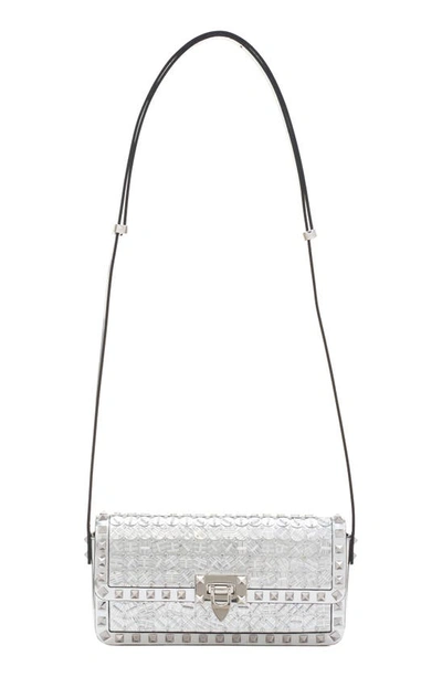 Shop Valentino Rockstud Sequins Leather East/west Shoulder Bag In Kcq Silverrystal/silver