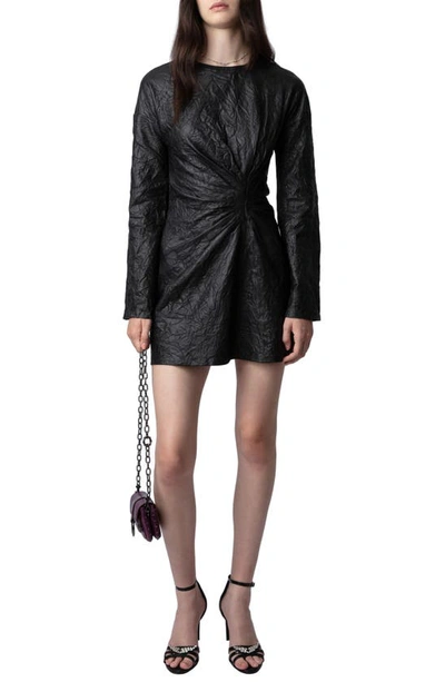 Shop Zadig & Voltaire Rixina Long Sleeve Crinkled Leather Minidress In Noir