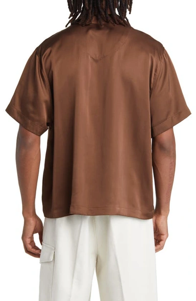 Shop Elwood Short Sleeve Satin Button-up Bowling Shirt In Tobacco