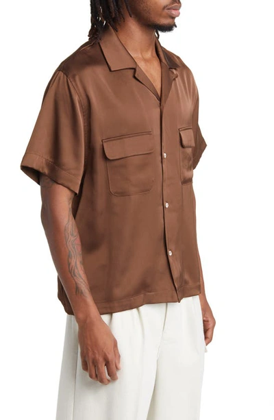 Shop Elwood Short Sleeve Satin Button-up Bowling Shirt In Tobacco