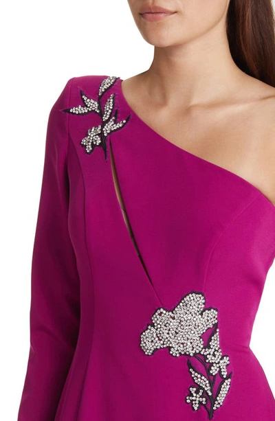 Shop Marchesa Notte Floral One-shoulder Long Sleeve Gown In Berry