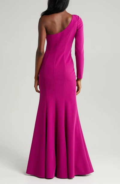 Shop Marchesa Notte Floral One-shoulder Long Sleeve Gown In Berry