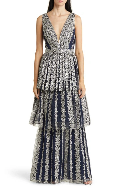 Shop Marchesa Notte Metallic Embroidery Tiered Gown In Navy Gunmetal