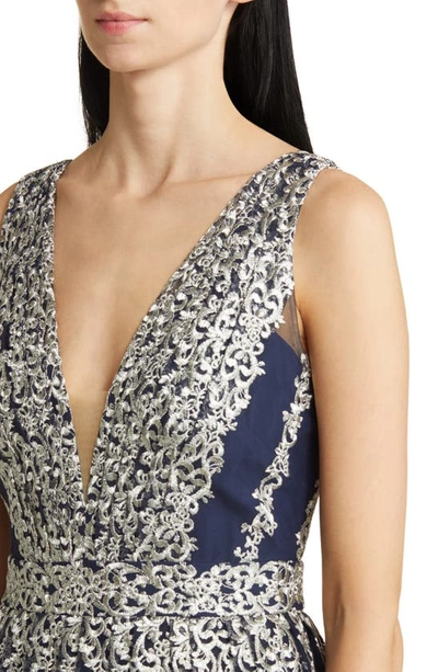 Shop Marchesa Notte Metallic Embroidery Tiered Gown In Navy Gunmetal