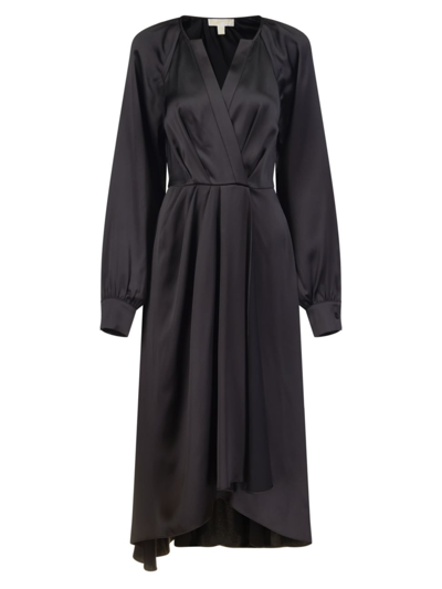Shop Michael Michael Kors Women's Satin Faux-wrap Midi-dress In Black